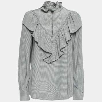 Pre Owned See by Chloe Grey Micro Checked Crepe Ruffle Trimmed Blouse L