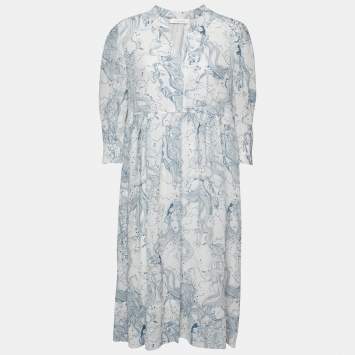 Pre Owned See by Chloe White & Blue Printed Cotton Dress L