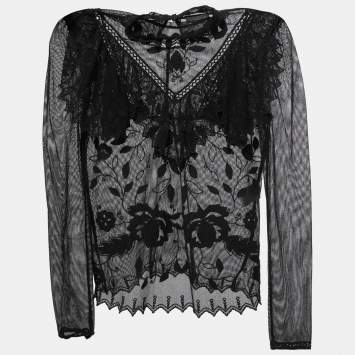 Pre Owned See by Chloe Black Embroidered Cotton Blend Ruffled Mesh Top M