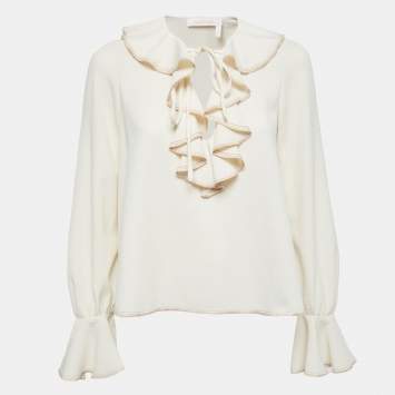 Pre Owned See by Chloe Cream Crepe Ruffle Detail Tie Neck Detail Top S