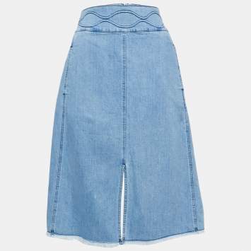 Pre Owned See by Chloe Blue Washed Denim Raw-Trimmed Midi Skirt L