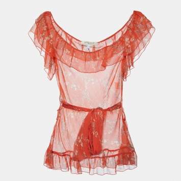 Pre Owned See by Chloe Orange Printed Silk Belted Ruffled Top M