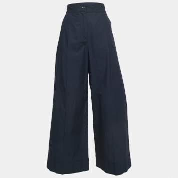 Pre Owned See by Chloe Navy Blue Cotton Pleated Wide Leg Trousers M