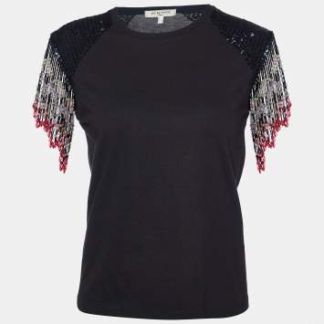 Pre Owned See by Chloe Black Beaded Tassels Sleeve Cotton Top 