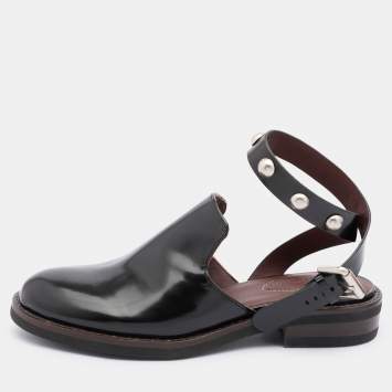 Pre Owned See by Chloe Black Leather Embellished Ankle Strap Mules Size 35