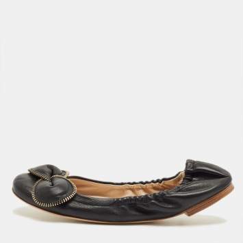 Pre Owned See by Chloe Black Leather Scrunch Bow Ballet Flats Size 41