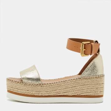 مملوكة مسبقًا See by Chloe Glyn Size 38 Gold/Brown Leather Espadrille Wedge Sandals