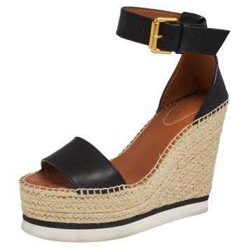Pre Owned See by Chloe Black Leather Espadrille Wedge Sandals Size 35