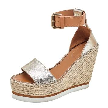 Pre Owned See by Chloe Metallic Gold/Brown Leather Wedge Espadrille Ankle Strap Sandals Size 36