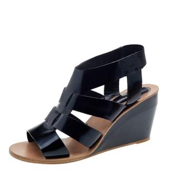 Pre Owned See by Chloe Black Leather Slingback Wedge Sandals Size 40