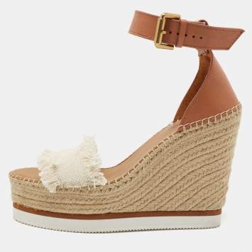 Pre Owned See by Chloe Tan/White Leather And Canvas Glyn Wedge Espadrille Ankle Strap Sandals Size 40 