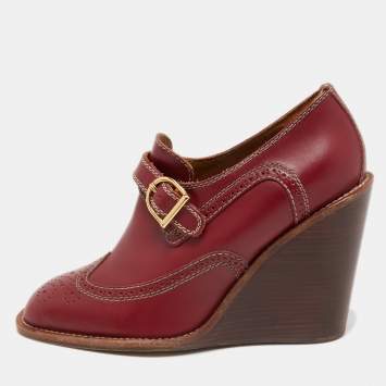 Pre Owned See by Chloe Burgundy Brogue Leather Wedge Loafer Pumps Size 38.5