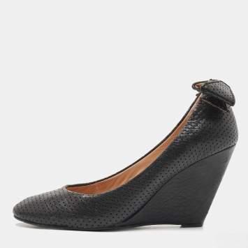 Pre Owned See by Chloe Black Perforated Leather Bow Wedge Pumps Size 38