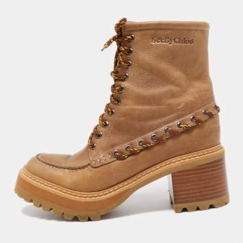 Pre Owned See by Chloe Beige Leather Ankle Lace Up Boots Size 39