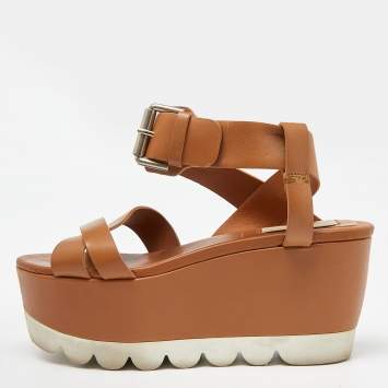 Pre Owned See by Chloe Brown Leather  Wedge Platform Ankle Strap Sandals Size 37