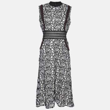 Pre Owned Self-Portrait Black/White Lace Sleeveless Midi Dress M