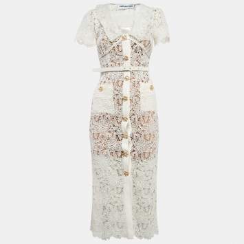 Pre Owned Self-Portrait Cream Lace Belted Midi Dress XS