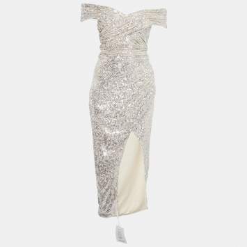 Pre Owned Self-Portrait Silver Sequin Off-Shoulder Wrap Midi Dress S