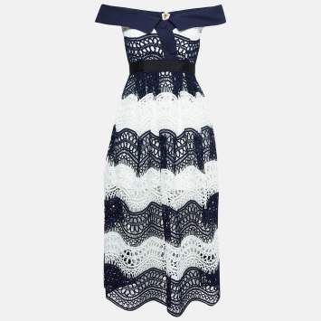 Pre Owned Self-Portrait Navy Blue/White Guipure Lace Off-Shoulder Dress S