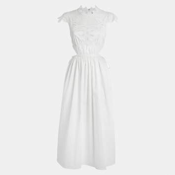 Pre Owned Self-Portrait White Cotton Lace Bib Detail Sleeveless Midi Dress S