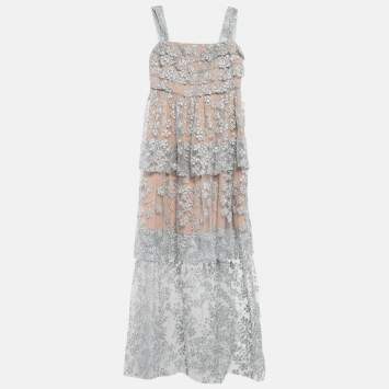 Pre Owned Self-Portrait Grey Blossom Embroidery Tulle Tiered Maxi Dress M