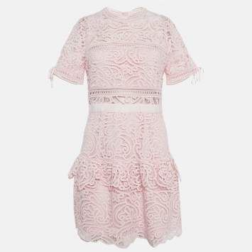 Pre Owned Self-Portrait Pink Abstract Guipure Lace Ruffled Mini Dress S