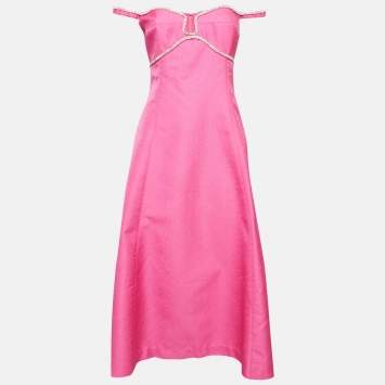 مملوكة مسبقًا Self-Portrait Pink Textured Crepe Diamante Detail Midi Dress L