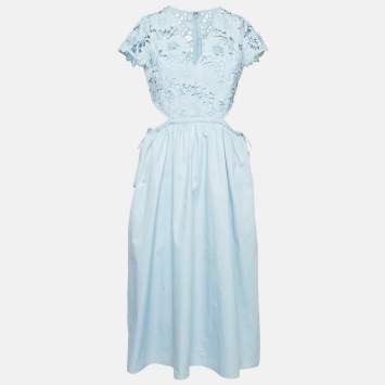 Pre Owned  Self-Portrait Light Blue Floral Guipure and Cotton Cut-Out Detail Midi Dress M
