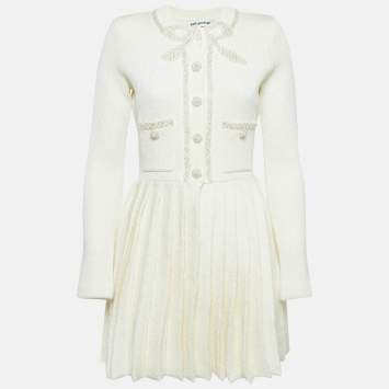 مملوكة مسبقًا Self-Portrait Cream Knit Bow Embellishment Detail Pleated Mini Dress M