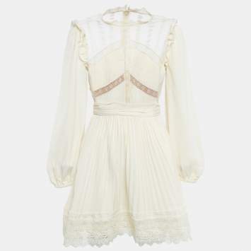 Pre Owned Self-Portrait Cream Crepe Lace Trimmed Mini Dress M