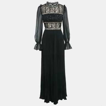 Pre Owned Self-Portrait Black Chiffon and Sequin Circle Lace Maxi Dress S