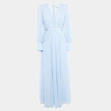 مملوكة مسبقًا Self-Portrait Light Blue Chiffon Lace Trimmed Maxi Dress M