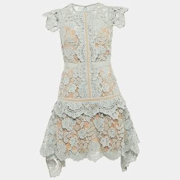 Pre Owned Self-Portrait Mint Green Floral Guipure Lace Mini Dress M
