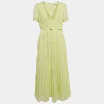 Pre Owned Self-Portrait Lime Green Chiffon Lace Trim Pleated Midi Dress L