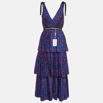 Pre Owned Self-Portrait Blue Printed Plissé Satin Tiered Midi Dress S