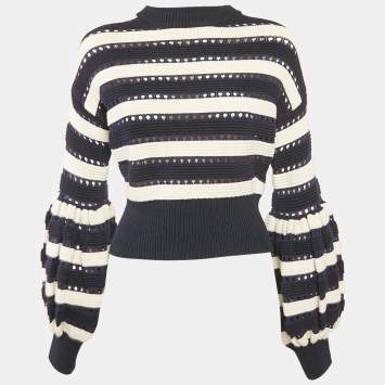Pre Owned Self-Portrait Navy Blue/Cream Striped Knit Baloon Sleeve Jumper M