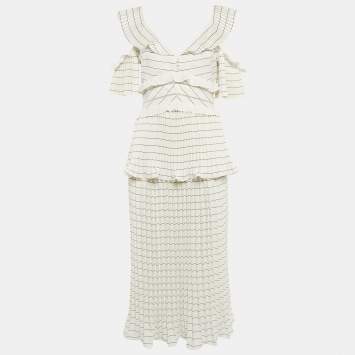 Pre Owned Self-Portrait White Monochrome Stripe Chiffon Midi Dress M