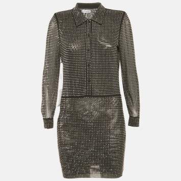 Pre Owned Self-Portrait Black Rhinestone Stretch Tulle Mini Shirt Dress S