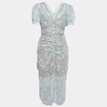 Pre Owned Self-Portrait Blue Floral Organza Lace Studded Button Detail Midi Dress M