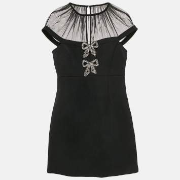 Pre Owned Self-Portrait Black Bow Embellished Gabardine Crepe Mini Dress S