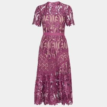 Pre Owned Self-Portrait Burgundy Floral Lace Midi Dress S