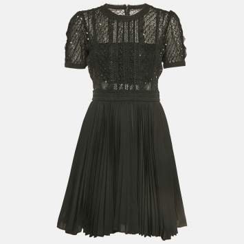 Pre Owned Self-Portrait Black Mesh Sequin Embellished Puff Sleeve Mini Dress S