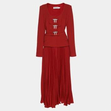 Pre Owned Self-Portrait Red Crepe Pleated Midi Dress M