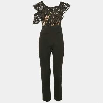 Self-Portrait Black Crepe and Lace Frill Asymmetric Jumpsuit S