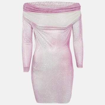 Self-Portrait Pink Rhinestone Contour Print Mesh Mini Dress M