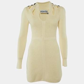 Pre Owned Self-Portrait Ivory Ribbed Knit Cut-Out Mini Dress S