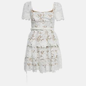 Pre Owned Self-Portrait White Floral Lace Tiered Mini Dress S