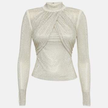 Pre Owned Self-Portrait Beige Rhinestone Embellished Mesh Top S 