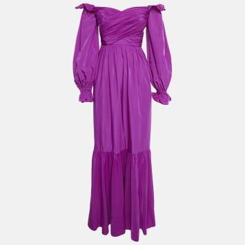 Pre Owned Self-Portrait Purple Taffeta Off Shoulder Frill Detail Maxi Dress S 