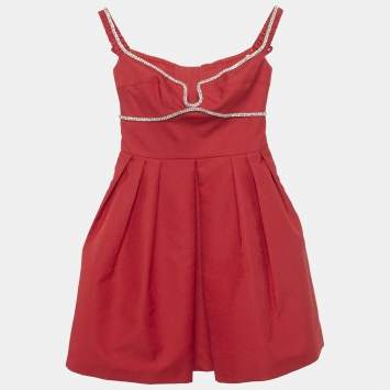 Pre Owned Self-Portrait Red Textured Crepe Diamante Detail Mini Dress S